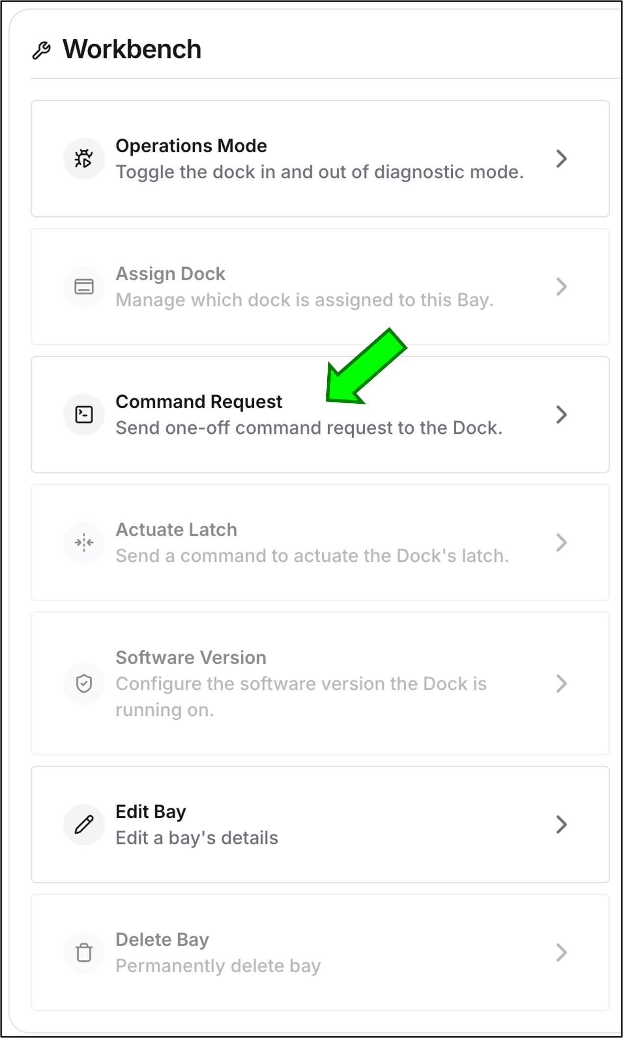 FleetWrangler bay workbench showing the Command Request option